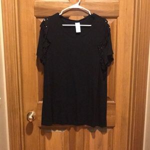 Black Ruffle & Pearl Detailed Short-sleeved Top